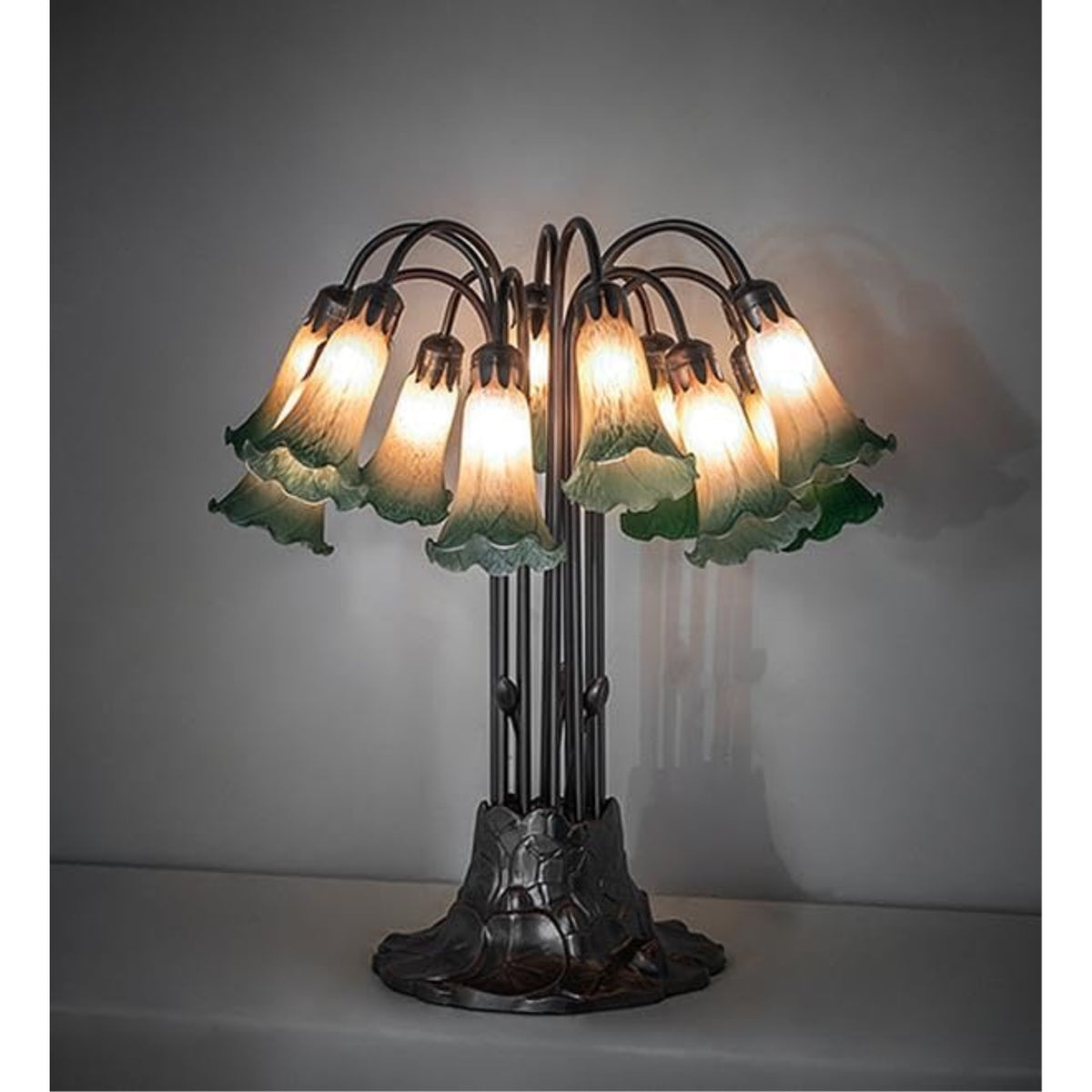 24' High Amber/Green Tiffany Pond Lily 12 Light Table Lamp