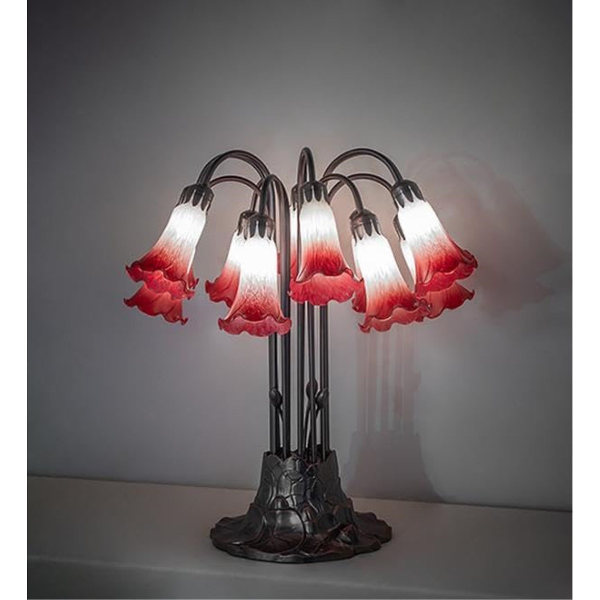 24' High Pink/White Tiffany Pond Lily 12 Light Table Lamp