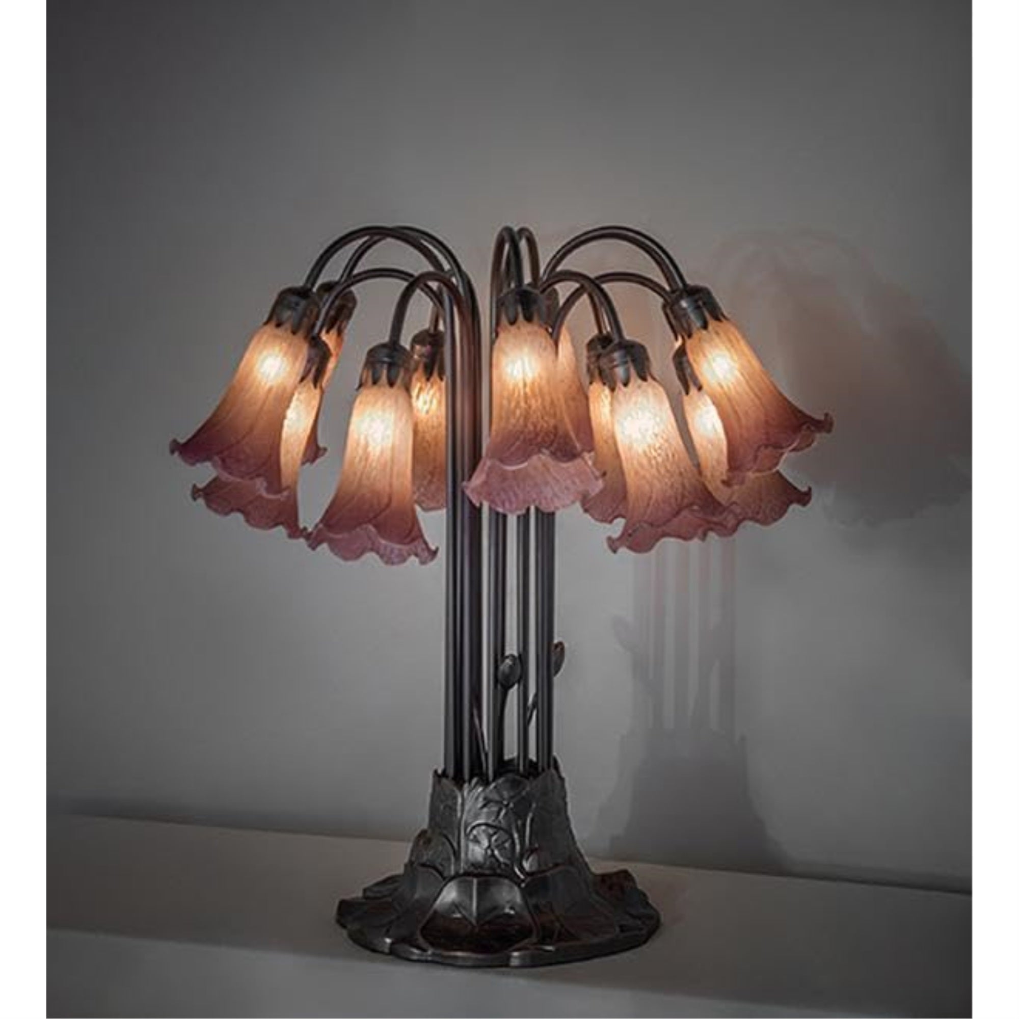 24' High Amber/Purple Tiffany Pond Lily 12 Light Table Lamp