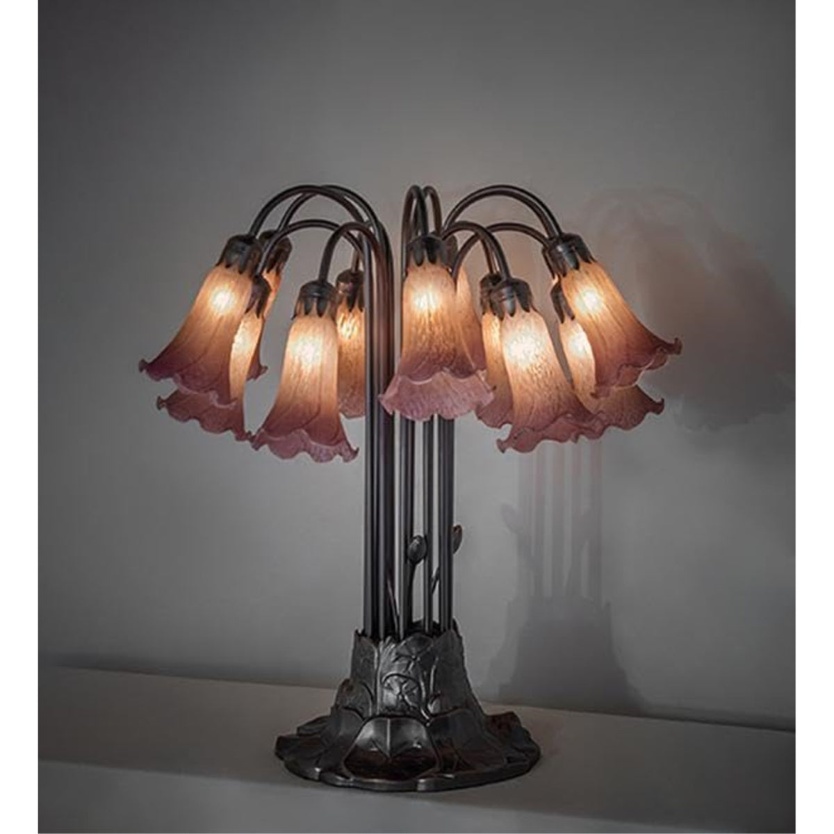 24' High Amber/Purple Tiffany Pond Lily 12 Light Table Lamp