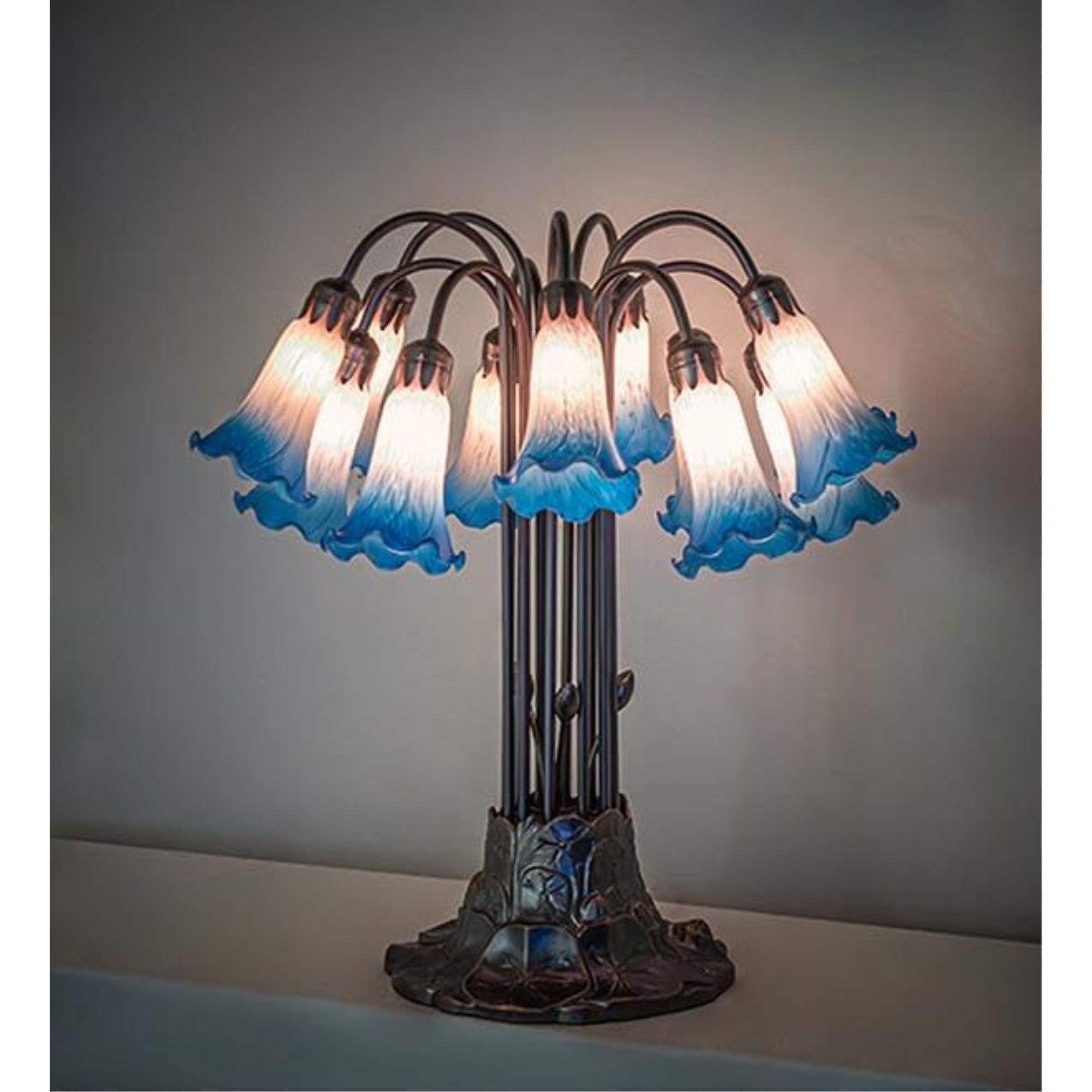 24' High Pink/Blue Tiffany Pond Lily 12 Light Table Lamp