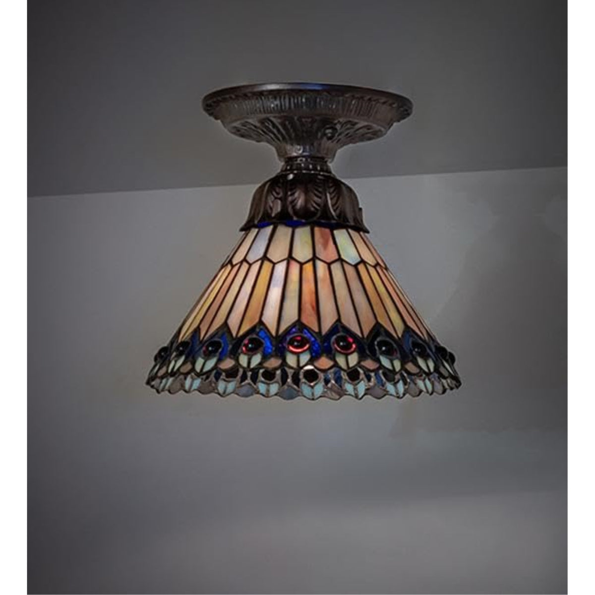 8' Wide Tiffany Jeweled Peacock Flushmount