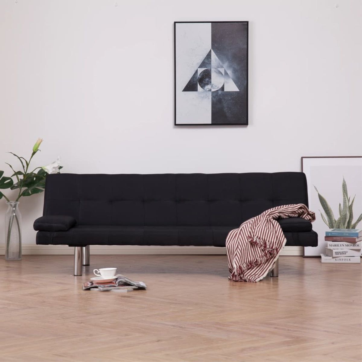 Vidaxl Sofa Bed With Two Pillows Black Fabric