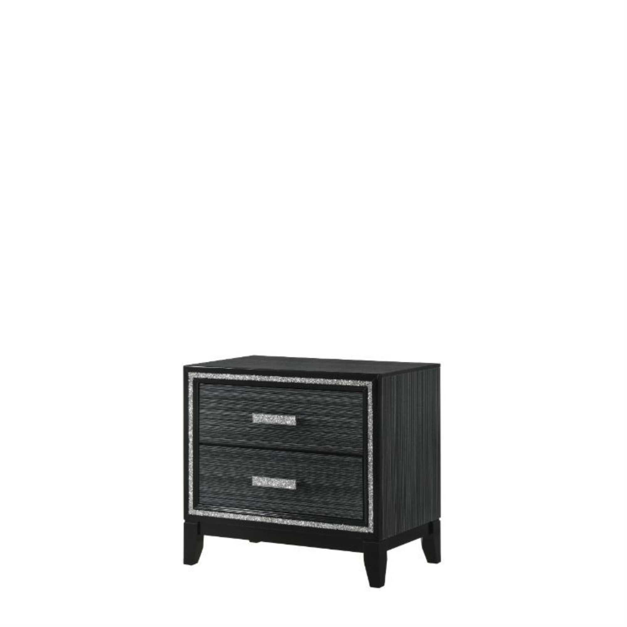 Yardlio Nightstand, Weathered Black Finish - English Dovetail Drawers, Safety Stop, 2 Storage Drawers, Shimmering Silver Trim Accent