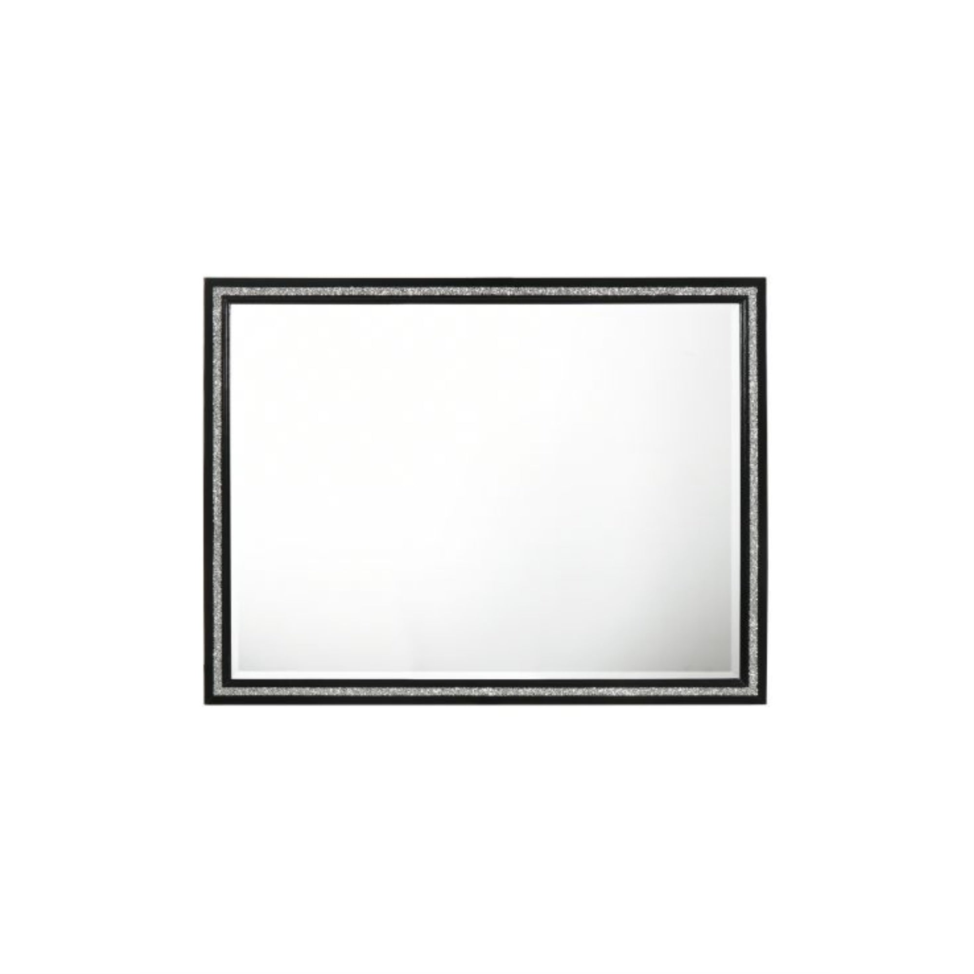 Yardlio Mirror,Weathered Black Finish-Beveled Mirror with Shimmering Silver Trim Accent-Box Spring Required-Panel Headboard with LED-Low Profile Footboard-DT English Front & Back