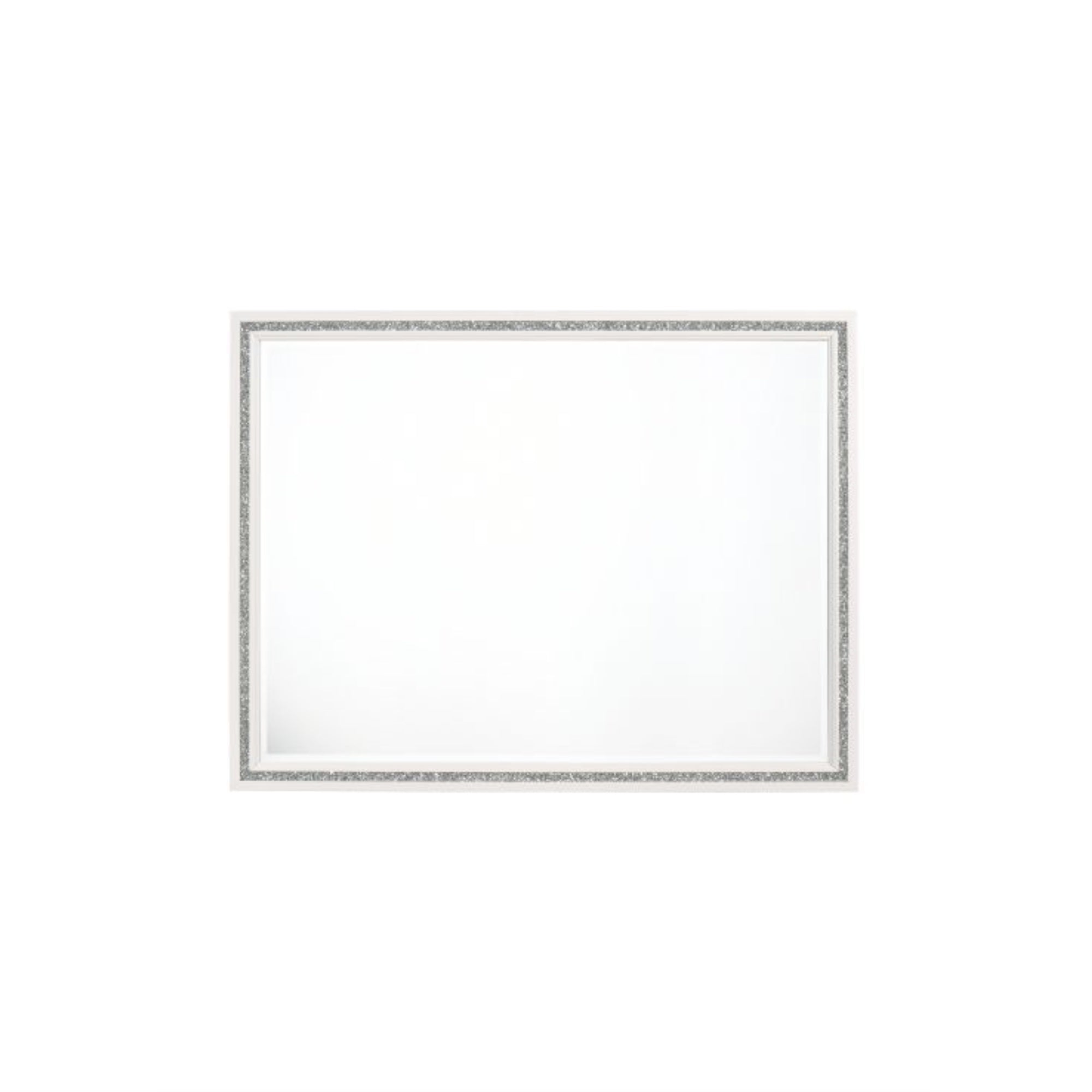 Yadlio Mirror, White Finish-Beveled Mirror with Shimmering Silver Trim Accent-Box Spring Required-Panel Headboard w/LED-Low Profile Footboard-DT English Front & Back-Center Metal Drawer Glide