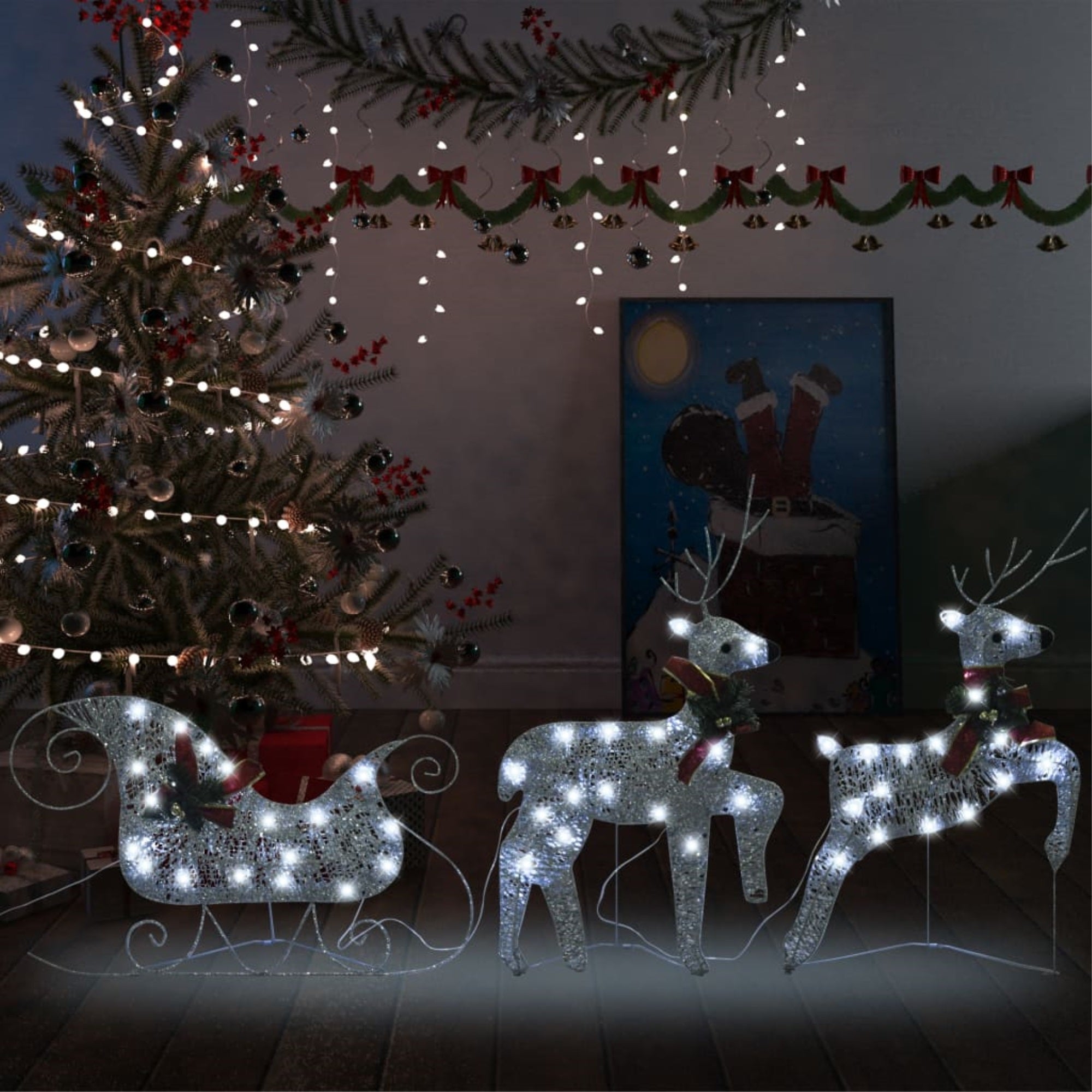 Vidaxl Reindeer & Sleigh Christmas Decoration 60 Leds Outdoor Silver