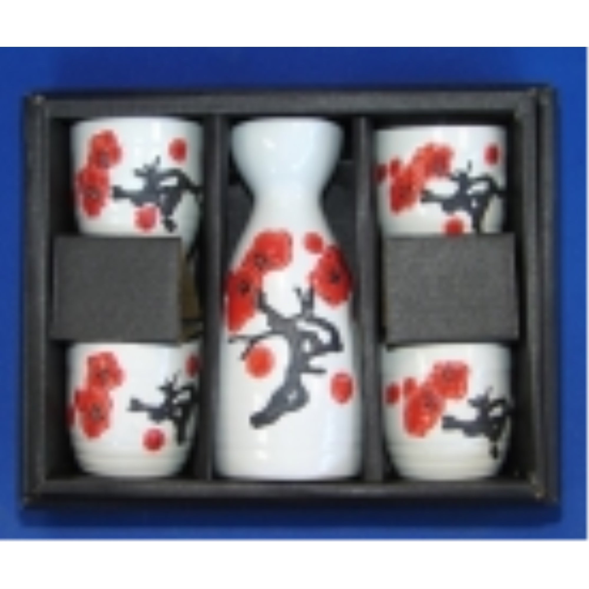 Ceramic White Japanese Saki Set with Red Plum Pictures
