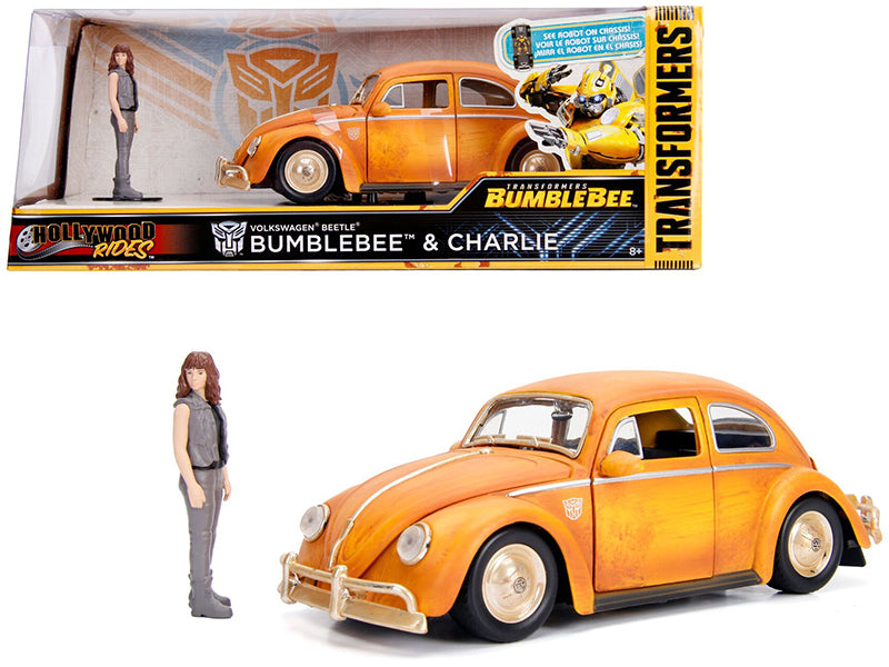 Volkswagen Beetle Weathered Yellow With Robot On Chassis And Charlie Diecast Figurine 'Bumblebee' (2018) Movie ('Transformers' Series) 'Hollywood Rides' Series 1/24 Diecast Model Car By