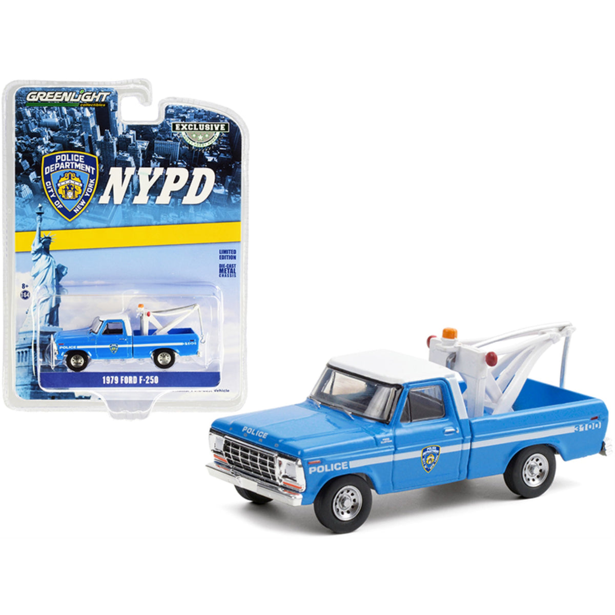 1979 Ford F-250 Tow Truck With Drop-In Tow Hook Blue With White Top 'New York City Police Dept.' (Nypd) 'Hobby Exclusive' 1/64 Diecast Model Car By Greenlight