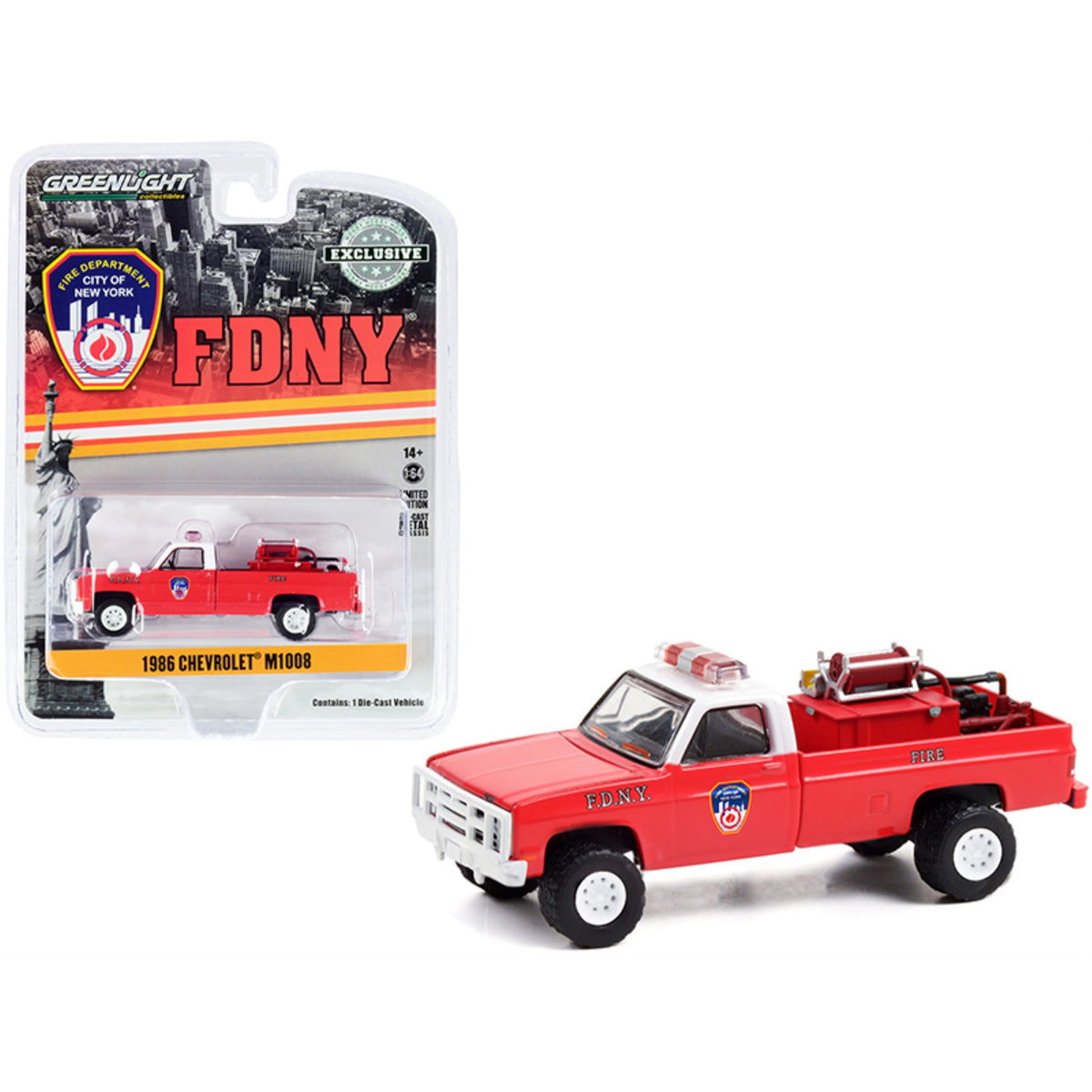 1986 Chevrolet M1008 Pickup Truck Red With White Top With Fire Equipment And Hose And Tank 'Fire Department City Of New York' (Fdny) 'Hobby Exclusive' 1/64 Diecast Model Car By Greenlight