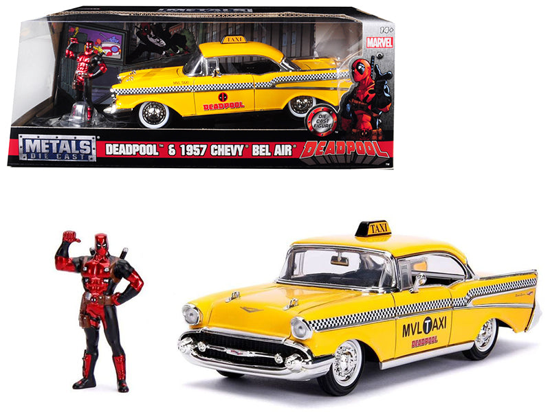 1957 Chevrolet Bel Air Taxi Yellow With Deadpool Diecast Figure 'Marvel' Series 1/24 Diecast Model Car By Jada