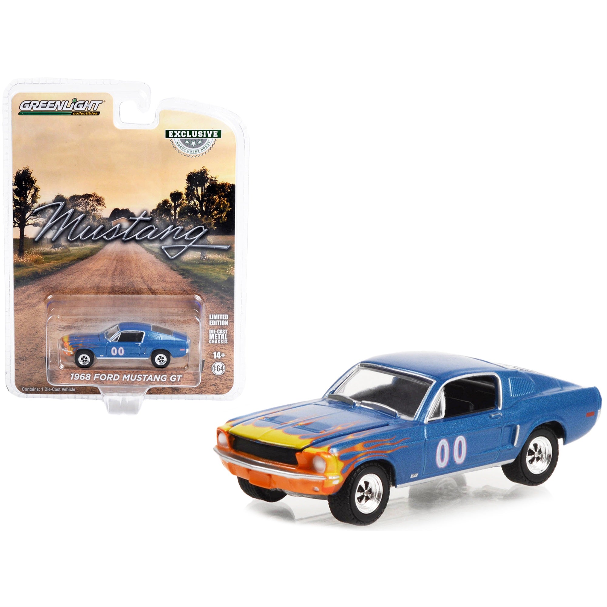 1968 Ford Mustang Gt Fastback #00 Blue Metallic With Flames Graphics 'Hobby Exclusive' Series 1/64 Diecast Model Car By Greenlight