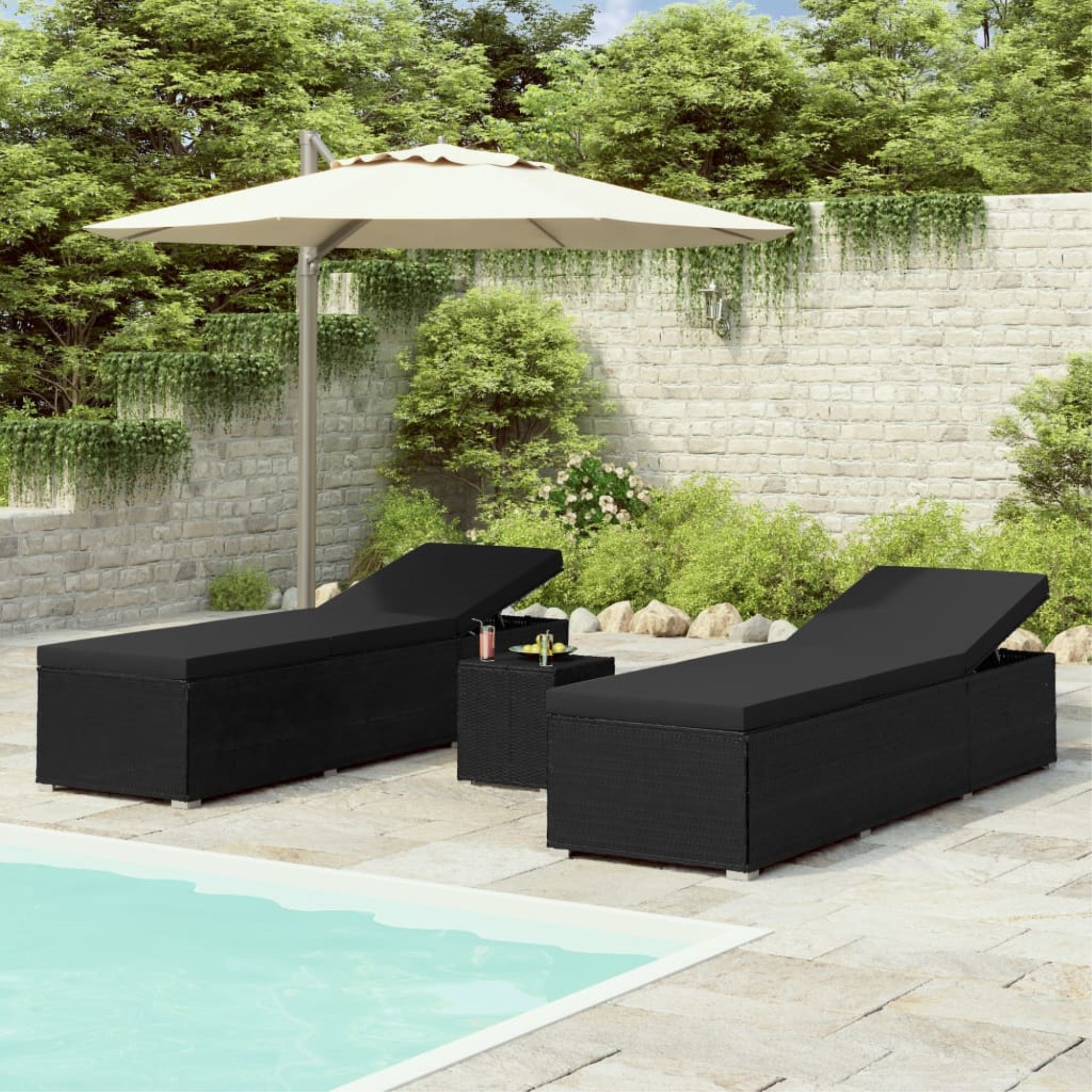 Vidaxl 3 Piece Garden Sun Loungers With Tea Table Poly Rattan Black