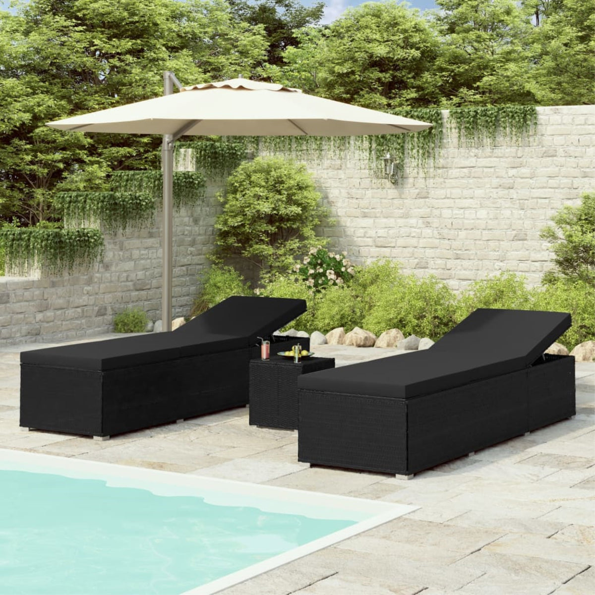 Vidaxl 3 Piece Garden Sun Loungers With Tea Table Poly Rattan Black