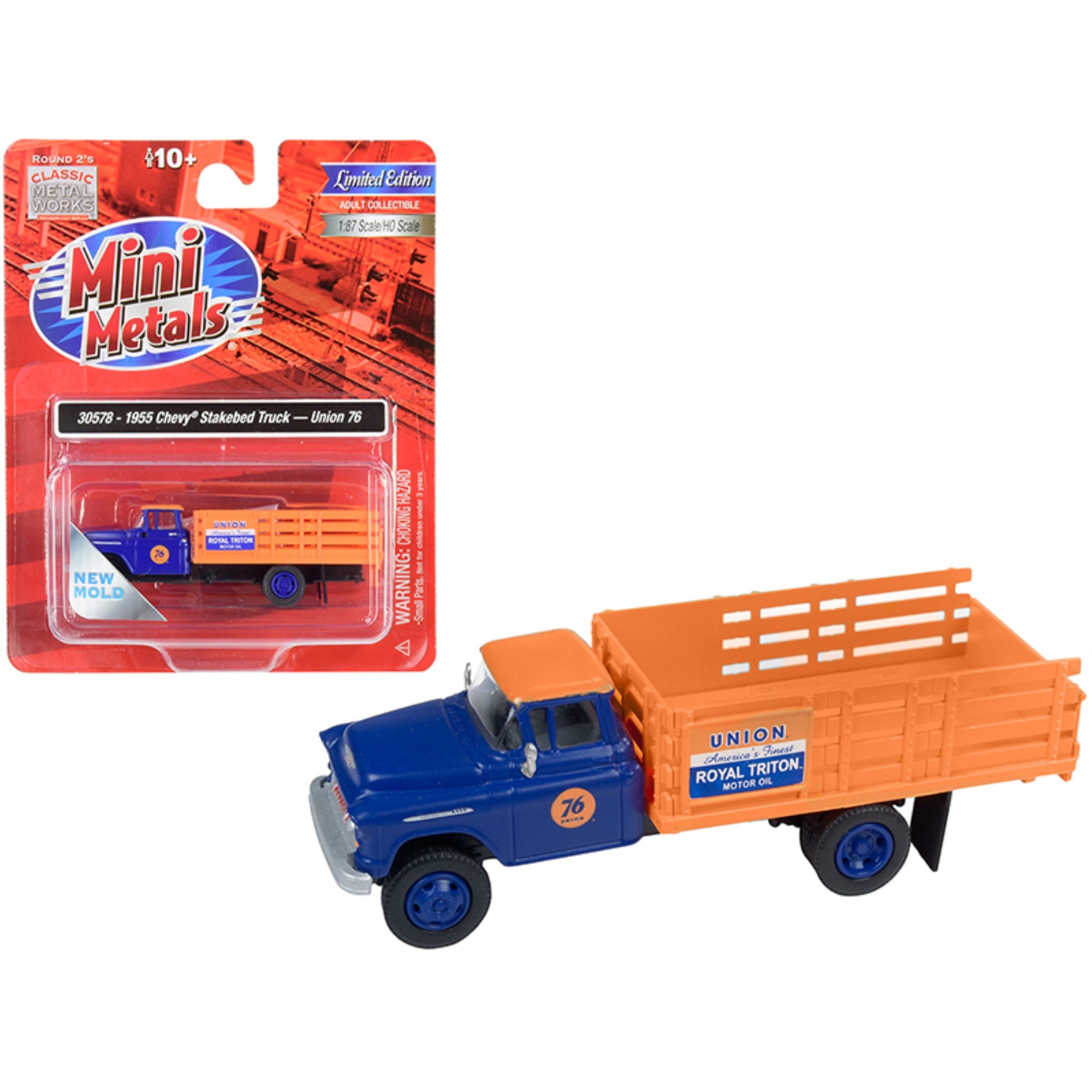 1955 Chevrolet Stakebed Truck 'Union 76' Blue And Orange 1/87 (Ho) Scale Model By Classic Metal Works