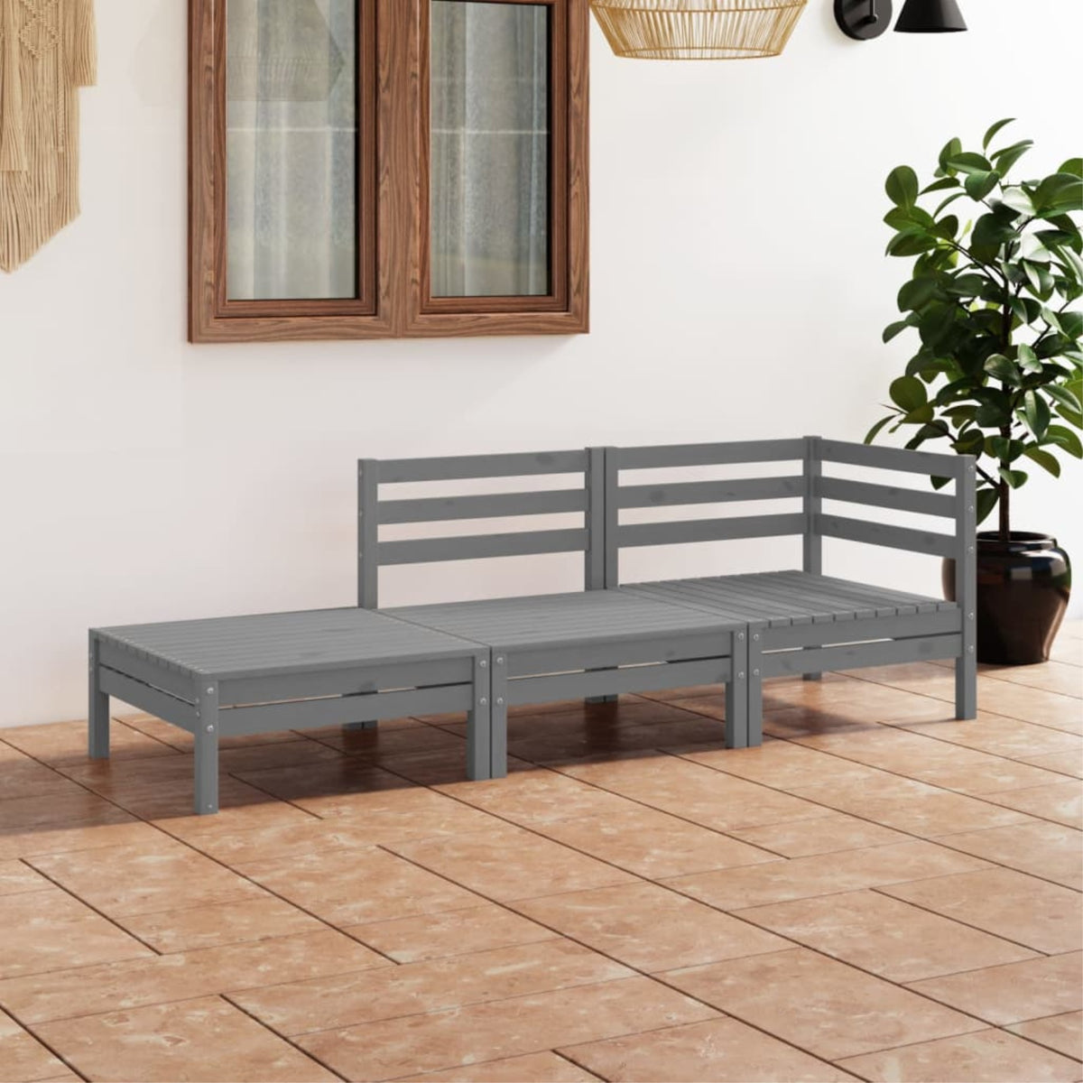 Vidaxl 3 Piece Patio Lounge Set Gray Solid Pinewood