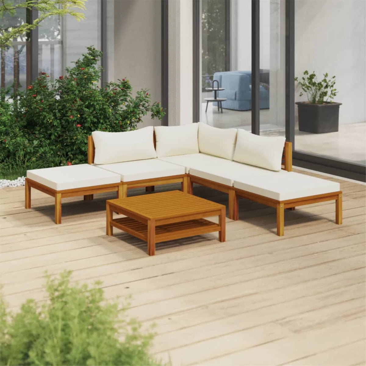 Vidaxl 6 Piece Patio Lounge Set With Cream Cushion Solid Acacia Wood