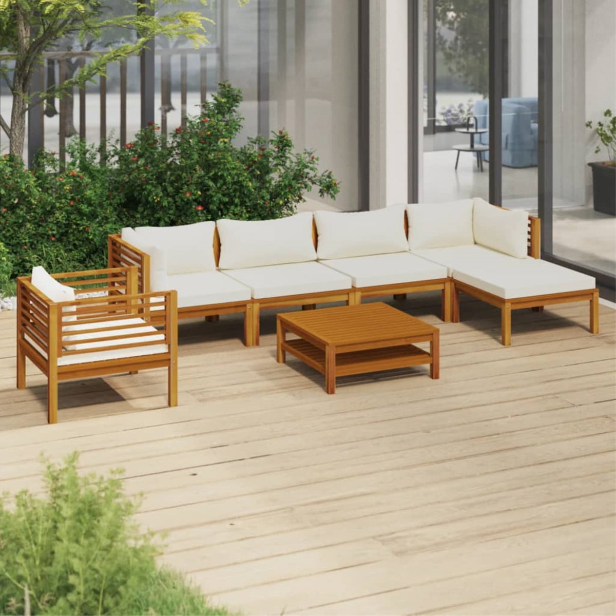 Vidaxl 7 Piece Patio Lounge Set With Cream Cushion Solid Acacia Wood