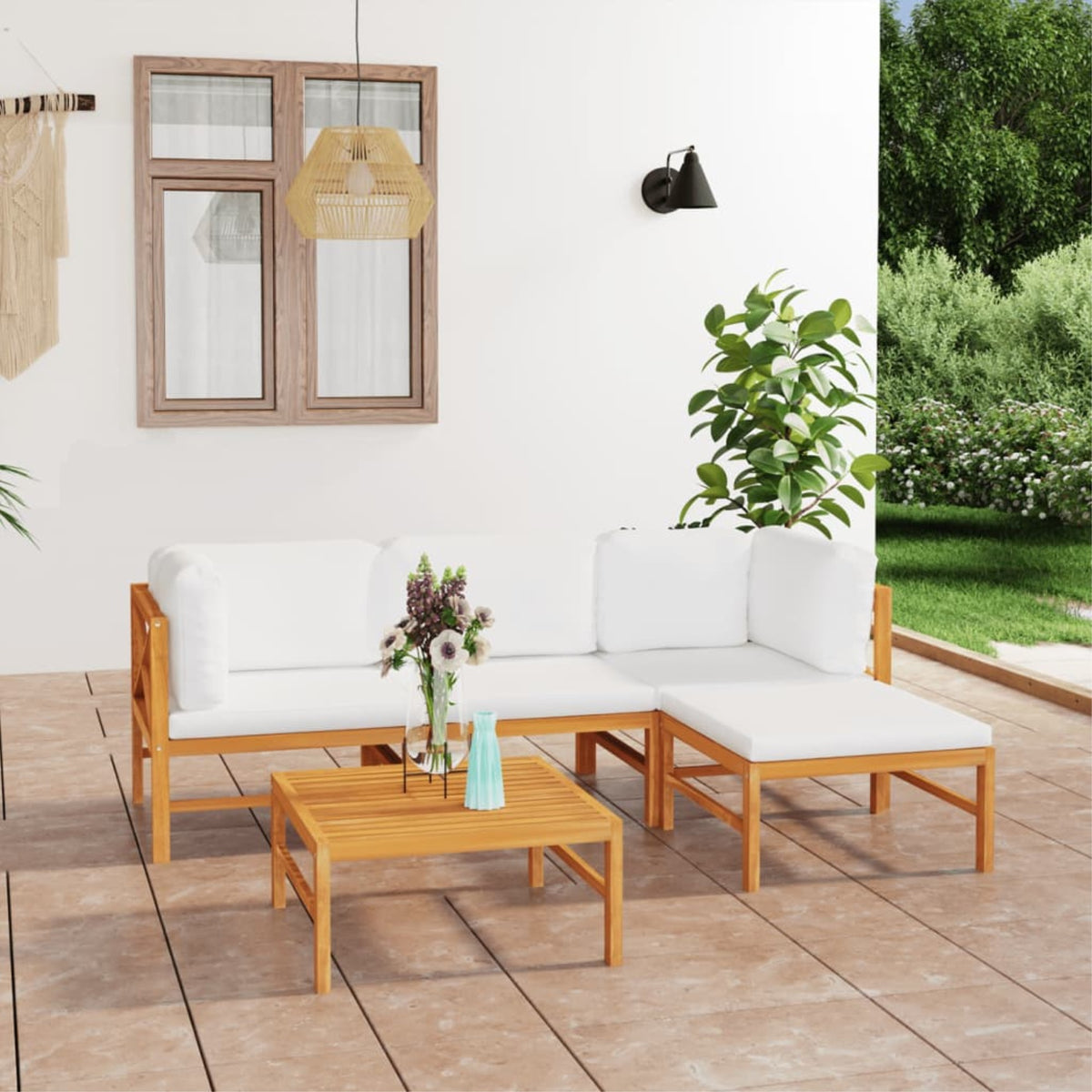 Vidaxl 5 Piece Patio Lounge Set With Cream Cushions Solid Teak Wood
