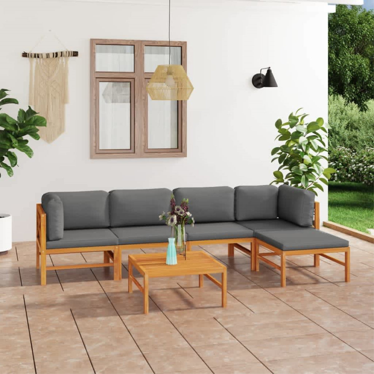 Vidaxl 6 Piece Patio Lounge Set With Gray Cushions Solid Teak Wood