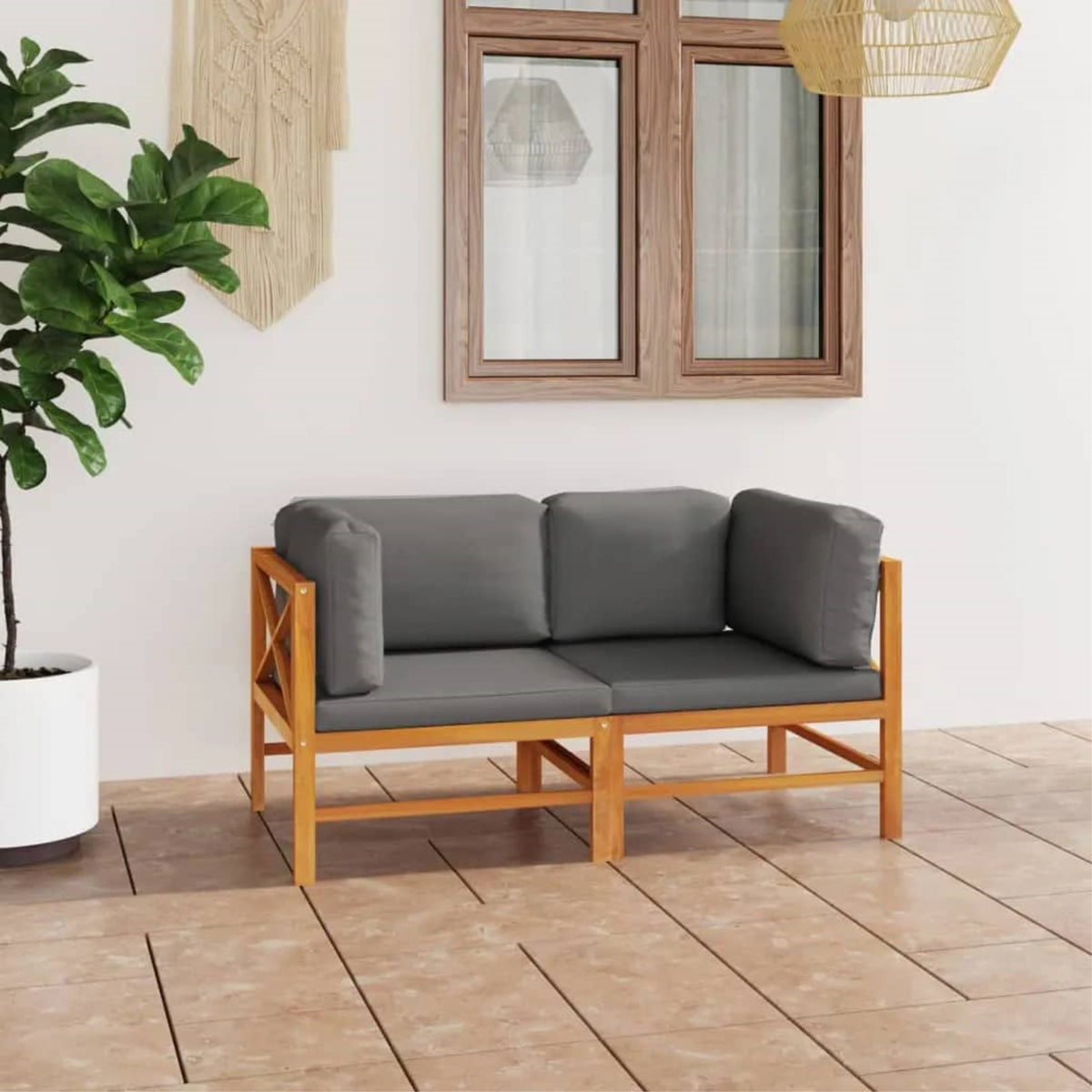 Vidaxl 2-Seater Patio Sofa With Gray Cushions Solid Teak Wood