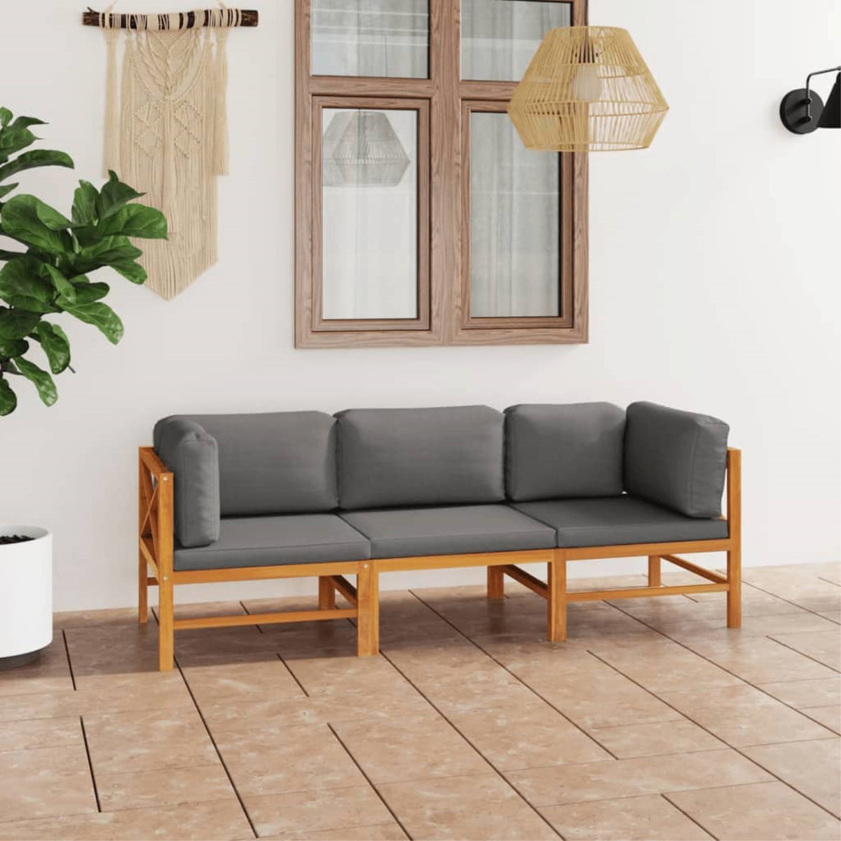 Vidaxl 3-Seater Patio Sofa With Gray Cushions Solid Teak Wood