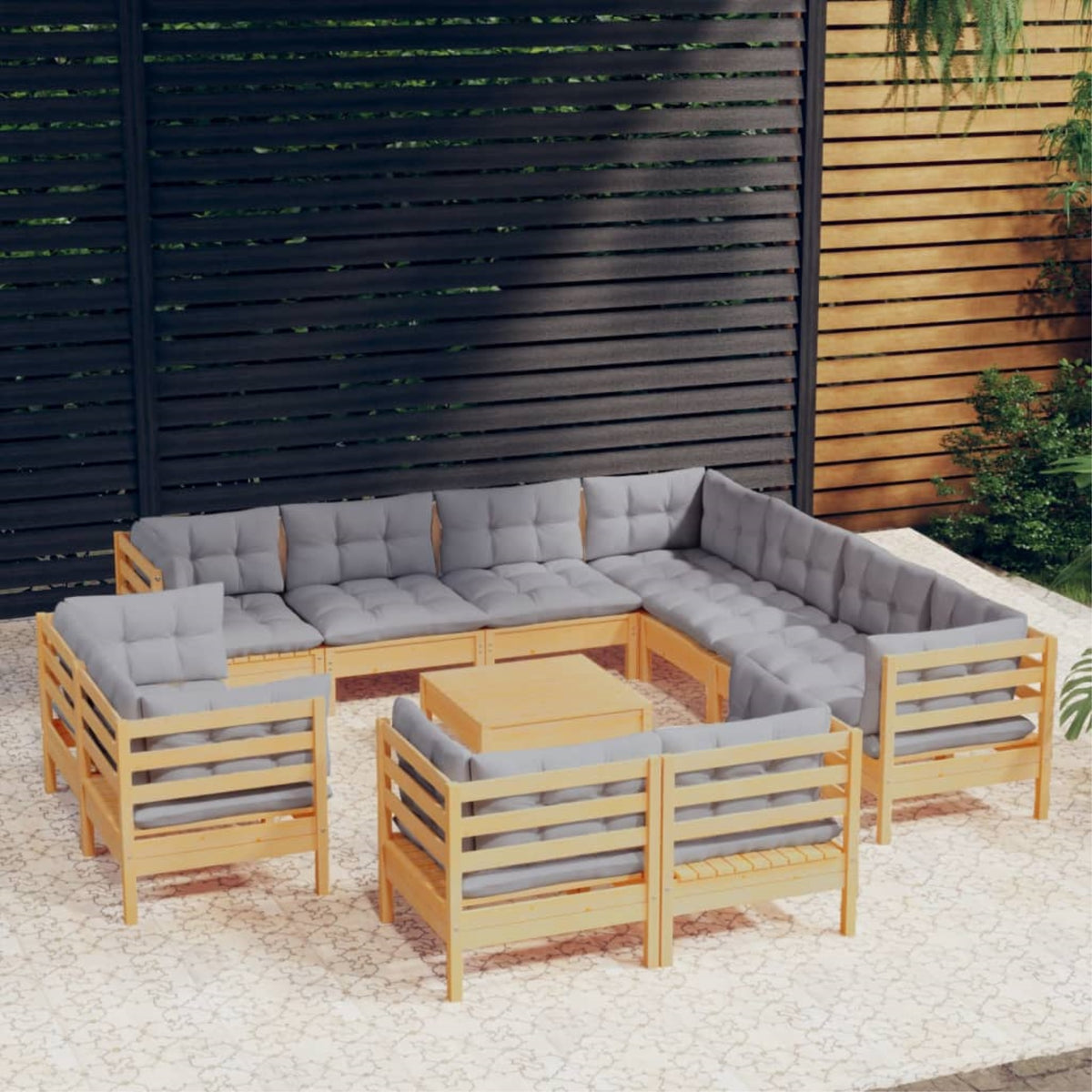Vidaxl 12 Piece Patio Lounge Set With Gray Cushions Solid Pinewood