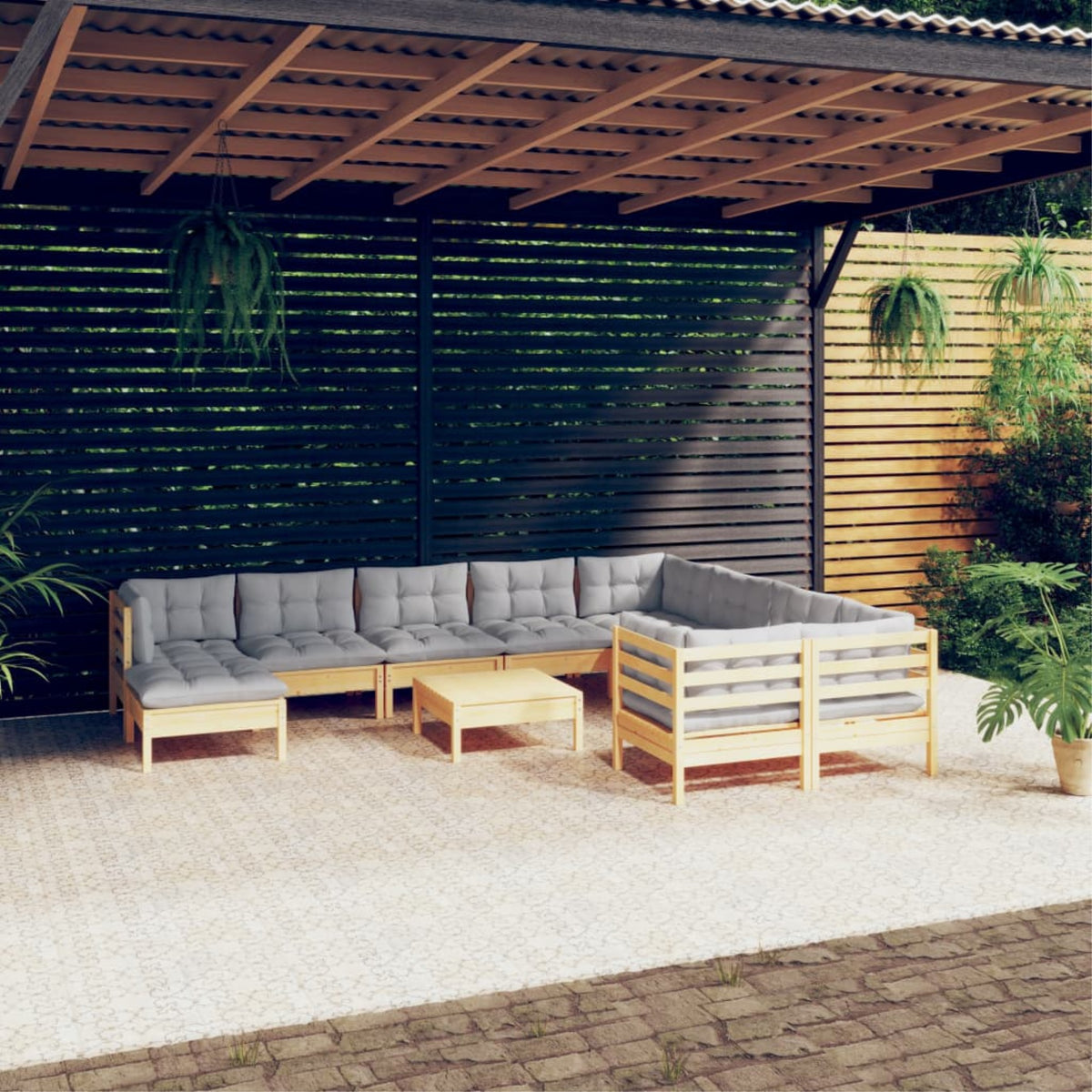 Vidaxl 11 Piece Patio Lounge Set With Gray Cushions Pinewood