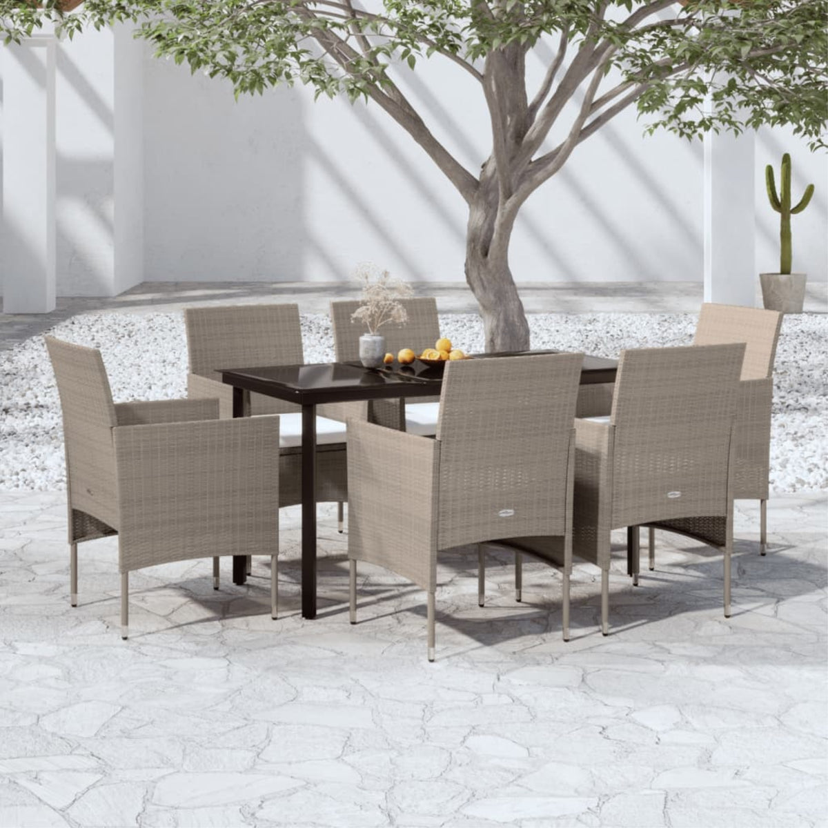 Vidaxl 7 Piece Patio Dining Set With Cushions Beige And Black