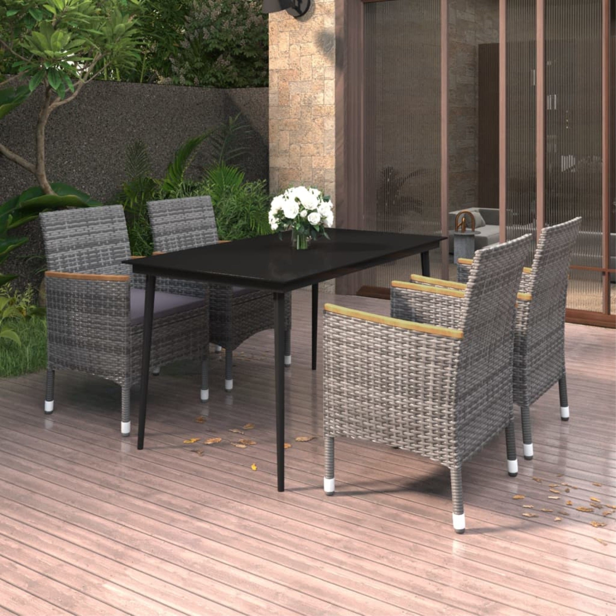 Vidaxl 5 Piece Patio Dining Set With Cushions Poly Rattan And Glass