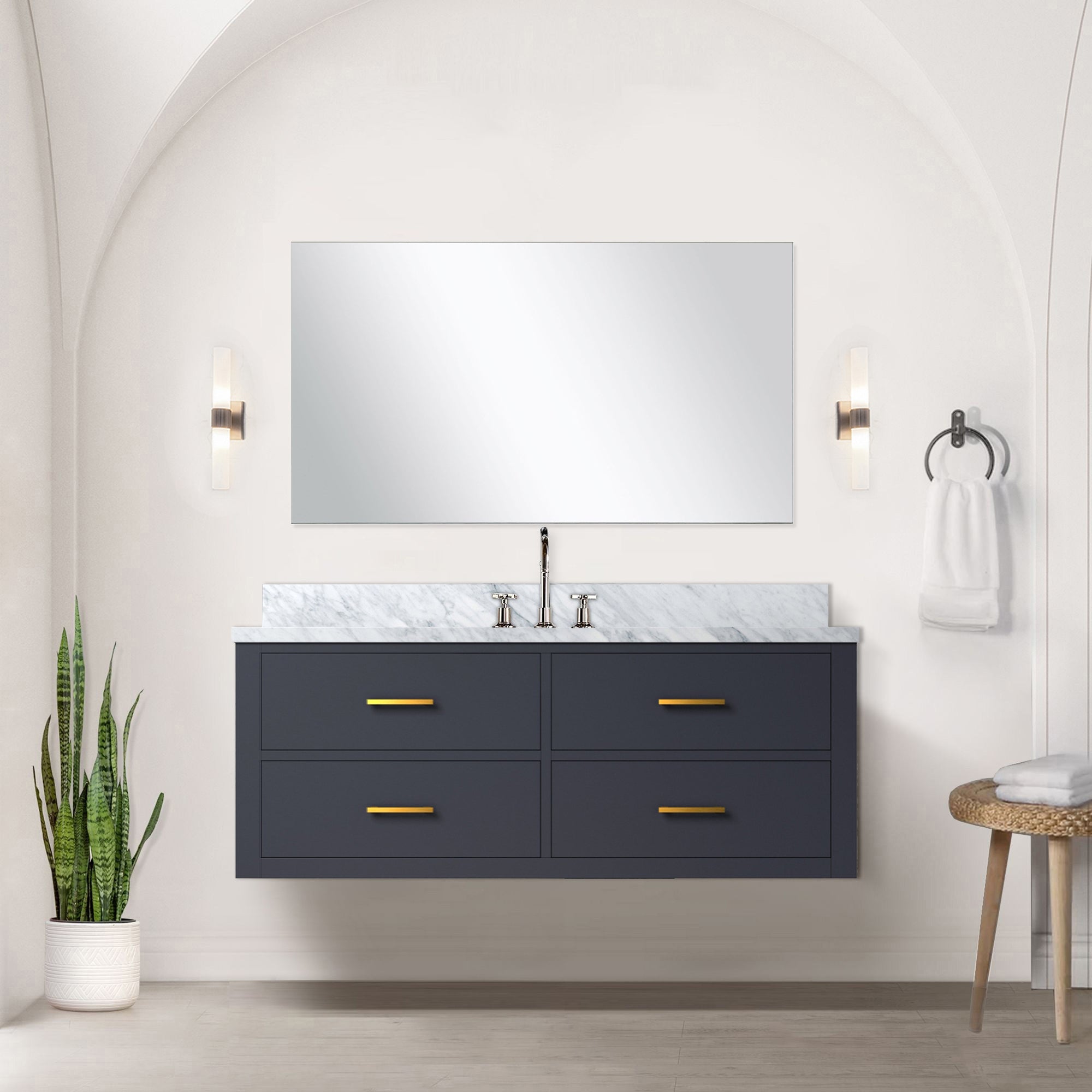 Blue Single Bath Vanity 48 in. W x 22 in. D, Carrara Marble Top, and Faucet Set