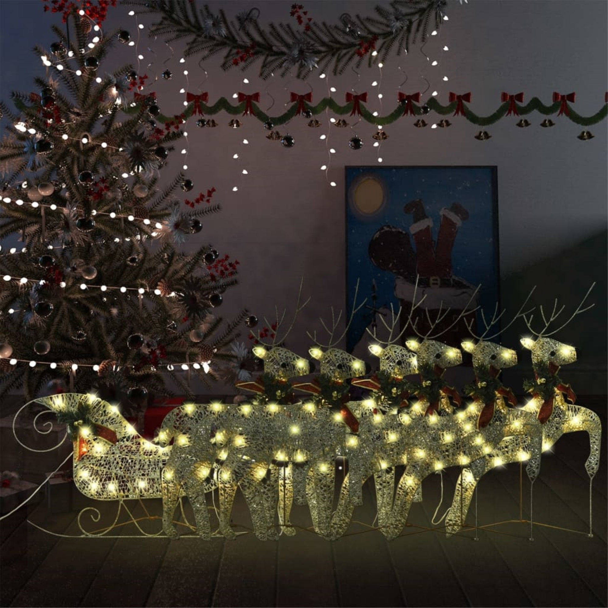 Vidaxl Reindeer & Sleigh Christmas Decoration 140 Leds Outdoor Gold