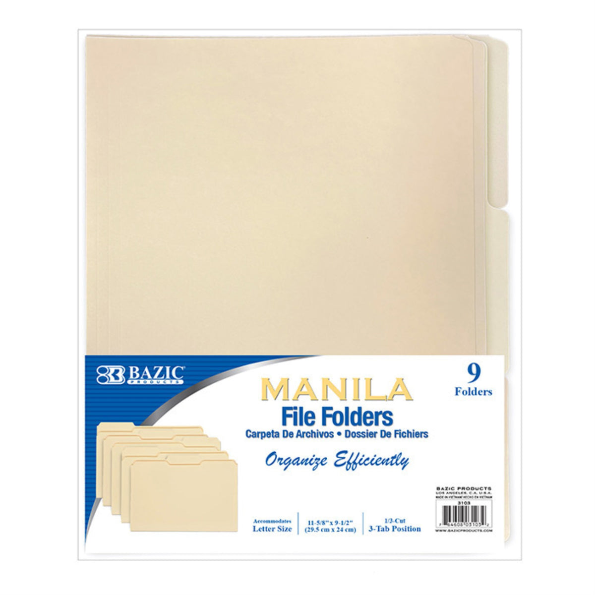 Bazic 1/3 Cut Letter Size Manila File Folder (9/Pack)