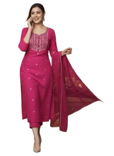 Gosriki WomenS Rayon Viscose Straight Embroidery Kurta With Pant And Dupatta (Kasturi Pink-Vks09-Gs_L_Pink_Large)