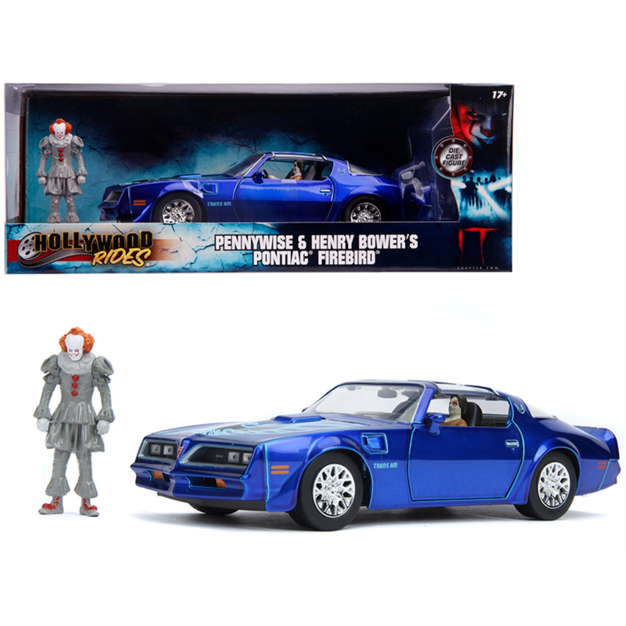 Henry Bower\'S Pontiac Firebird Trans Am Candy Blue With Pennywise Diecast Figurine \It Chapter Two\ (2019) Movie 1/24 Diecast Model Car By Jada'''