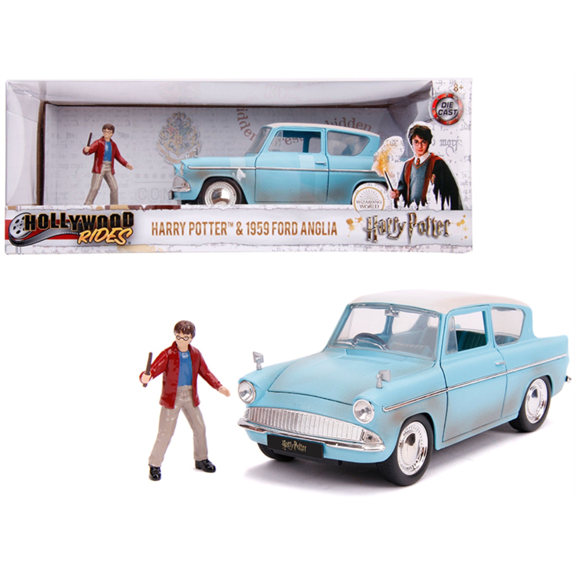 1959 Ford Anglia Light Blue (Weathered) With Harry Potter Diecast Figurine 1/24 Diecast Model Car By Jada