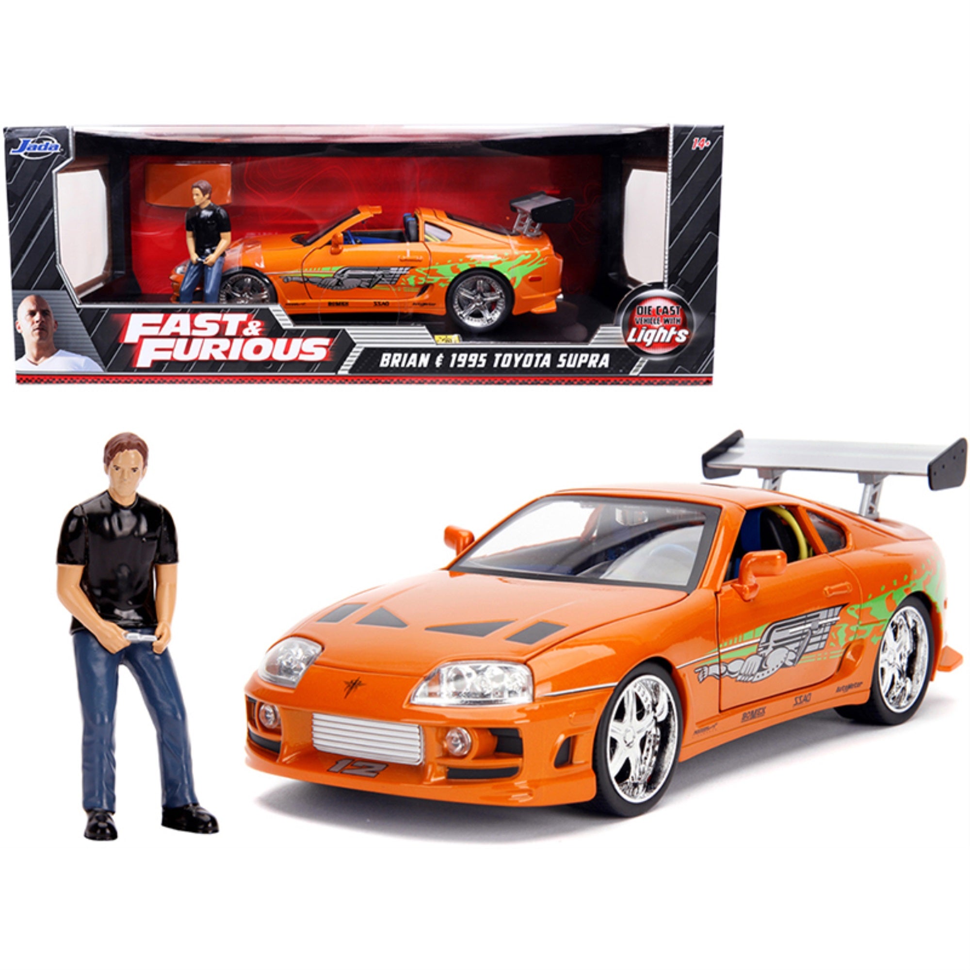 1995 Toyota Supra Orange Metallic With Lights And Brian Figurine 'Fast & Furious' Movie 1/18 Diecast Model Car By Jada
