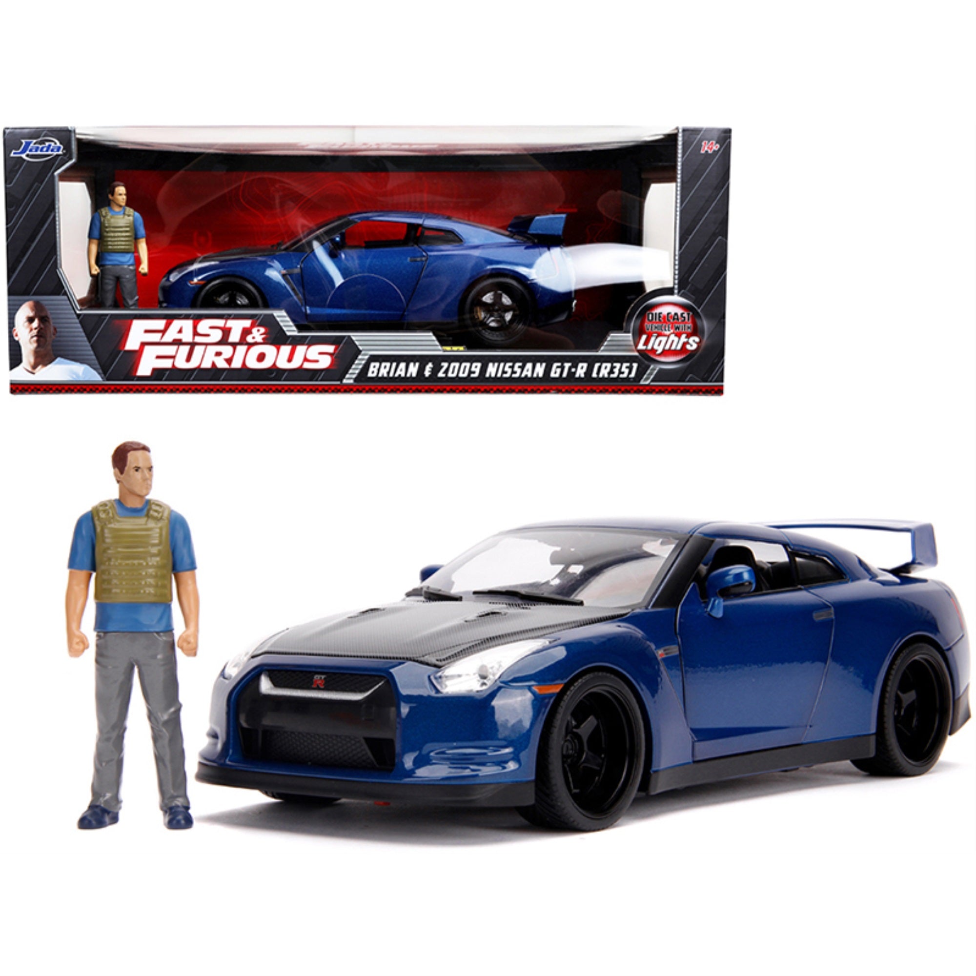 2009 Nissan Gt-R (R35) Blue Metallic And Carbon With Lights And Brian Figurine \Fast & Furious\ Movie 1/18 Diecast Model Car By Jada'''