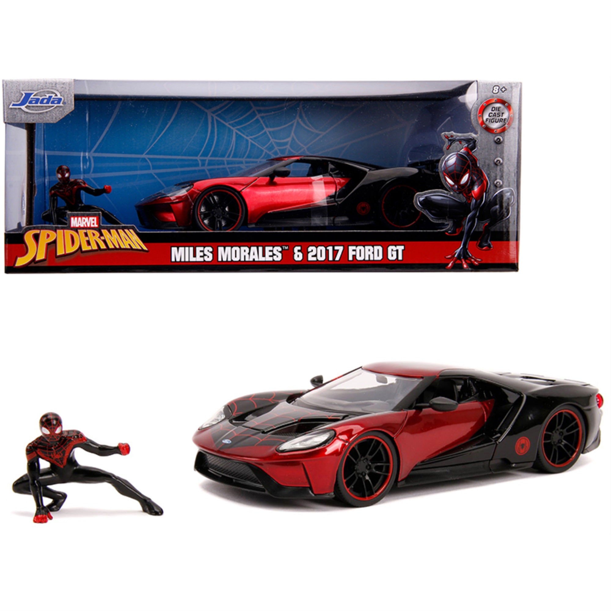2017 Ford Gt With Miles Morales Diecast Figurine 'Spider Man' 'Marvel' Series 1/24 Diecast Model Car By Jada