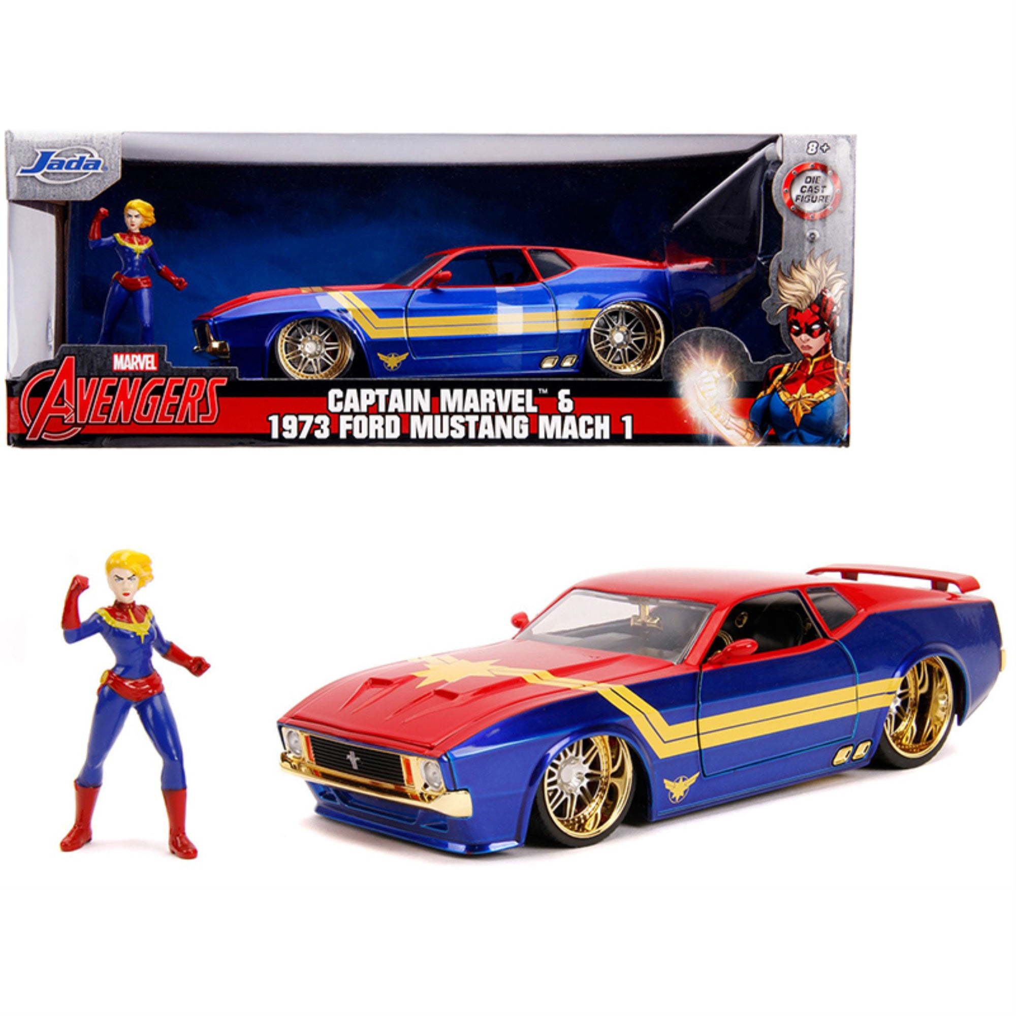 1973 Ford Mustang Mach 1 With Captain Marvel Diecast Figurine 'Avengers' 'Marvel' Series 1/24 Diecast Model Car By Jada