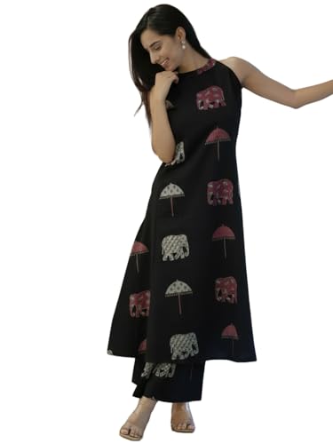 Gosriki WomenS Rayon Viscose A-Line Printed Kurta With Palazzo (Surai Black-Gs_Xxl_Black_Xx-Large)