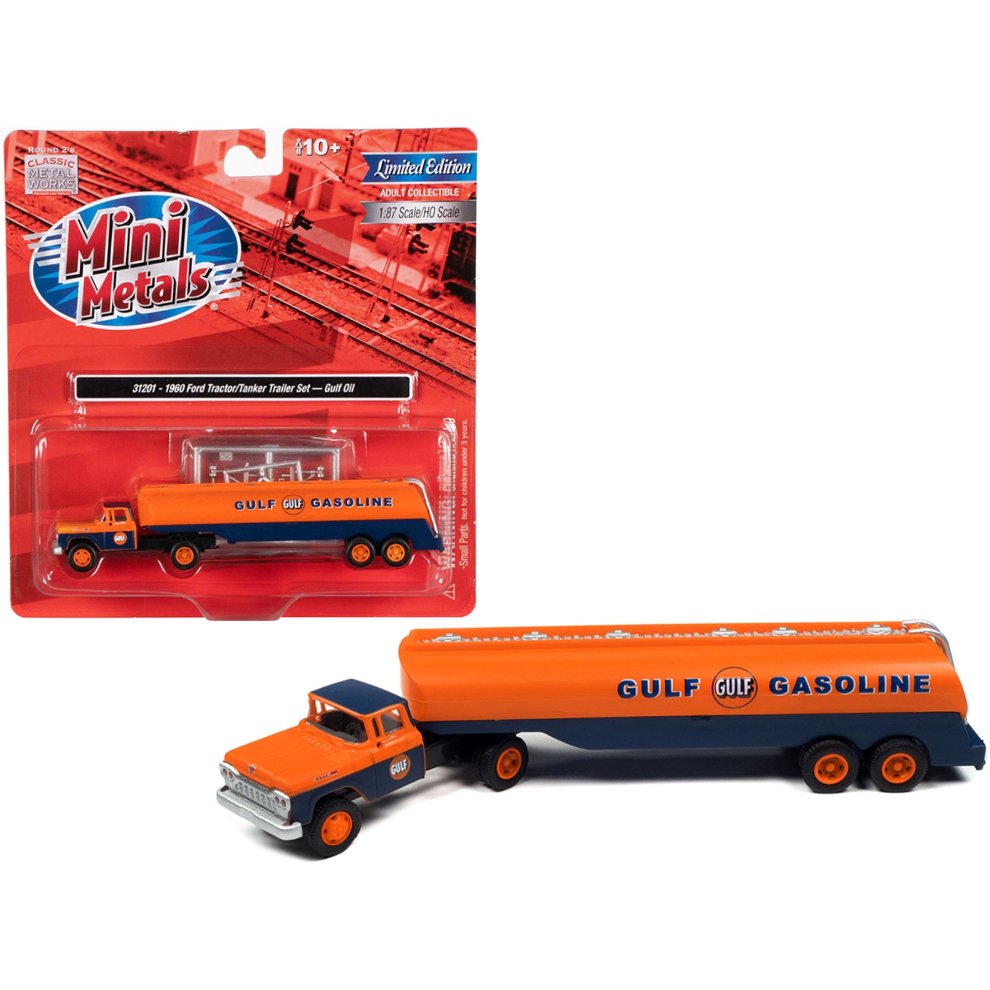 1960 Ford Tanker Truck Orange And Blue 'Gulf Oil' 1/87 (Ho) Scale Model By Classic Metal Works