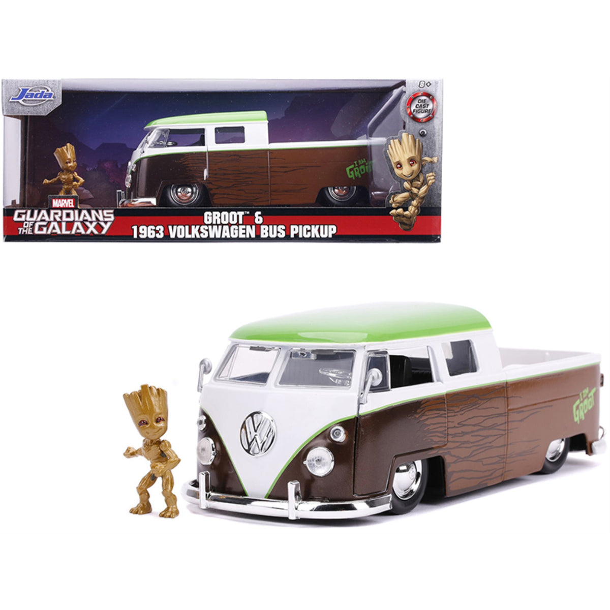 1963 Volkswagen Bus Pickup Truck With Groot Diecast Figurine 'Guardians Of The Galaxy' 'Marvel' Series 1/24 Diecast Model Car By Jada
