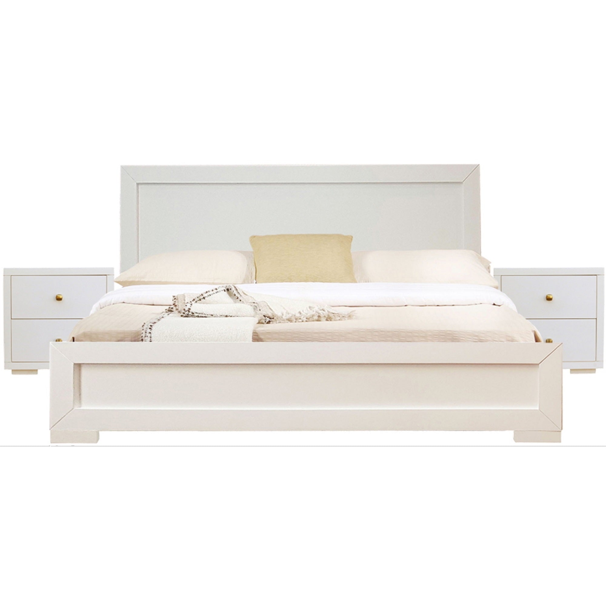 Trent Wooden Platform Bed In White, Queen With 2 Nightstands