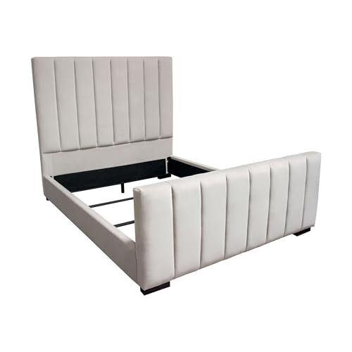 Eva Queen Bed, Vertical Channel Tufted Light Gray Velvet Upholstery