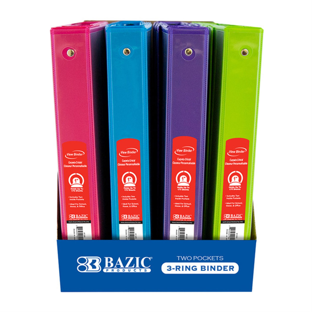 Bazic 1' Asst. Neon Color 3-Ring View Binder W/ 2-Pockets