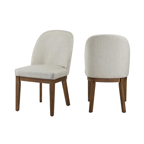 Enix Dining Chair Set of 2, Curved Back, Brown Wood, Gray Polyester