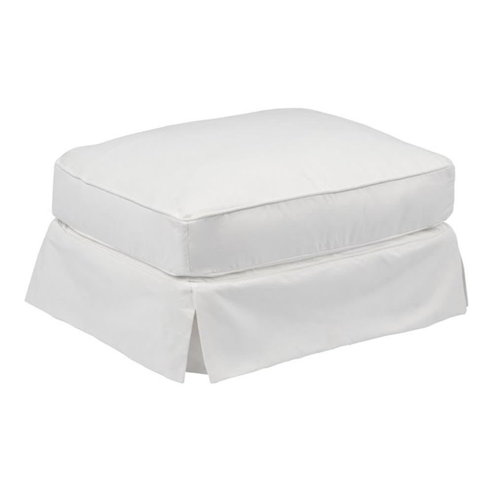 Sunset Trading Americana Box Cushion Slipcovered Ottoman | Stain Resistant Performance Fabric | White