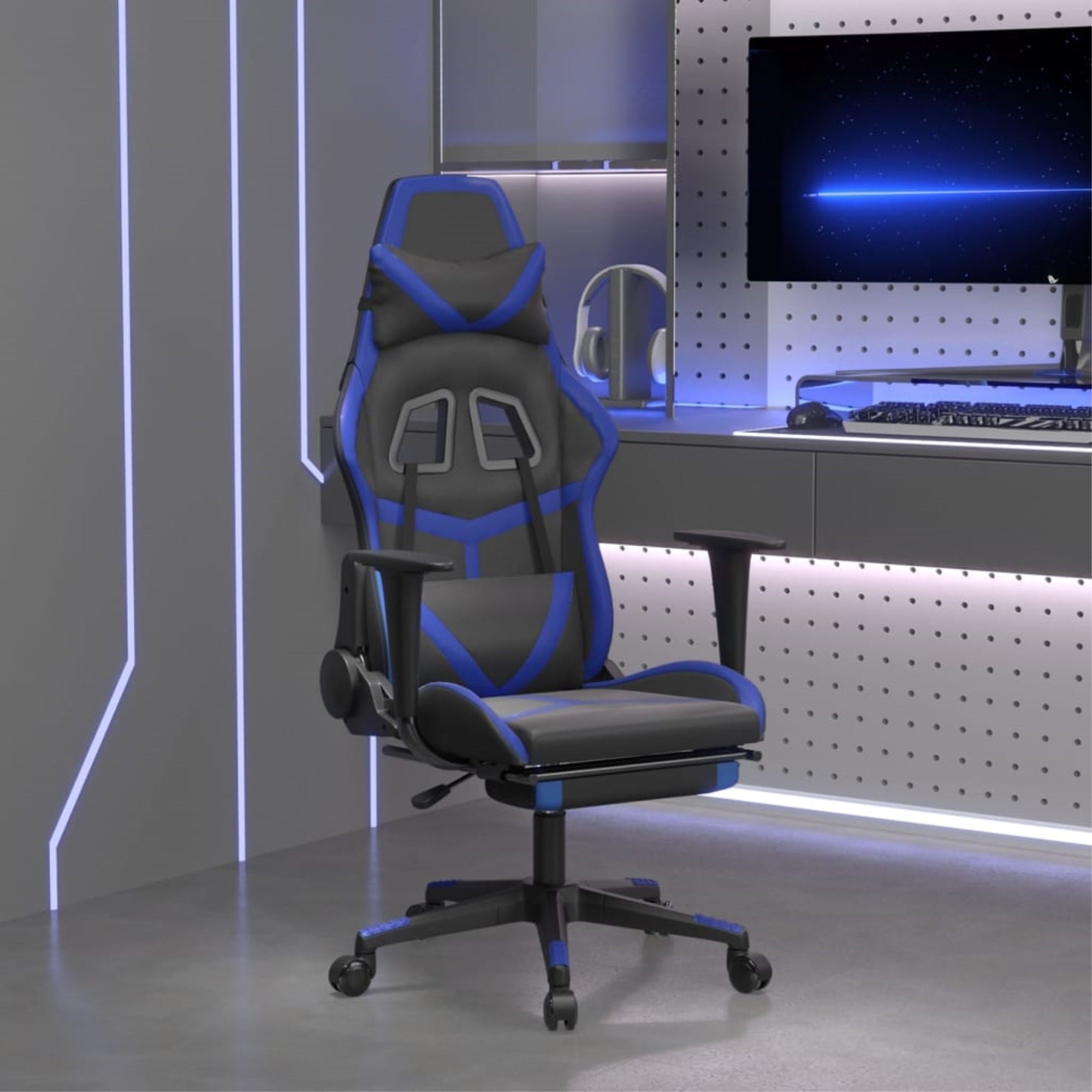 Vidaxl Gaming Chair With Footrest Black And Blue Faux Leather